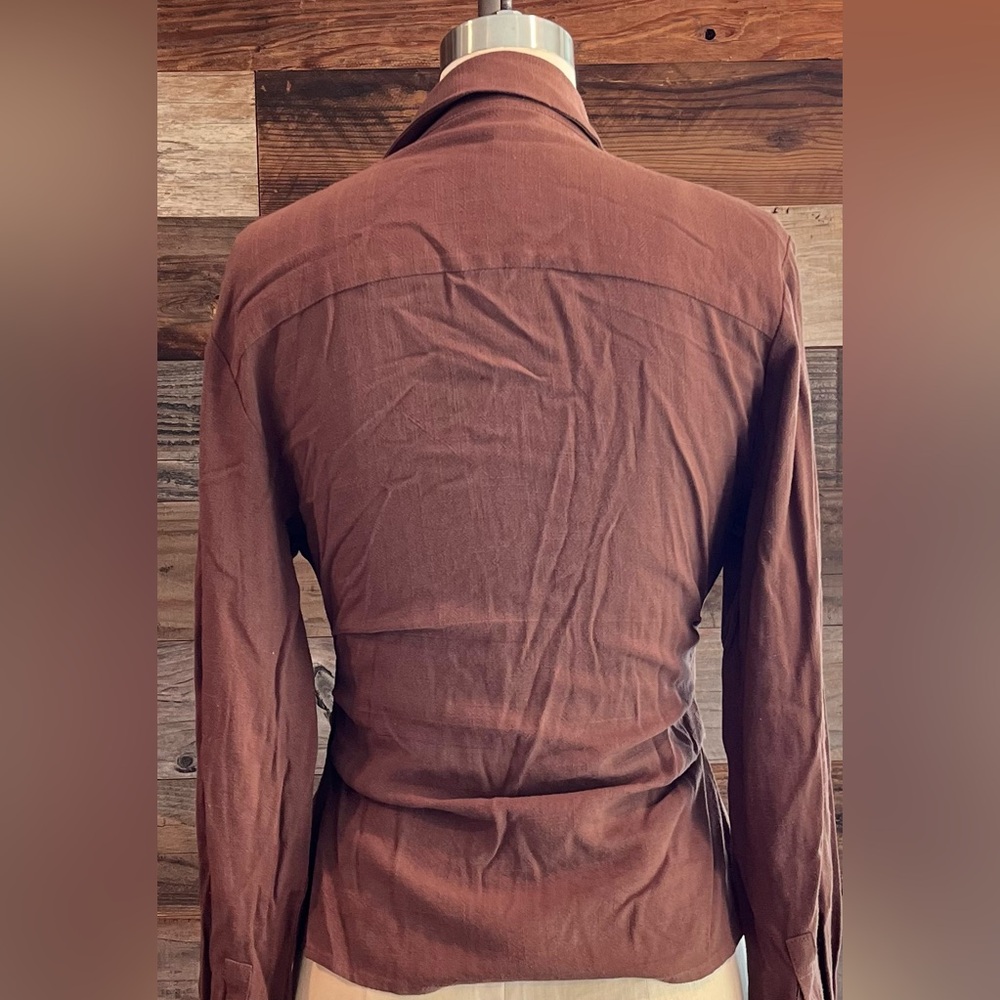 Brown Tie Front Fitted Blouse with Notched Collar - Picture 3 of 4